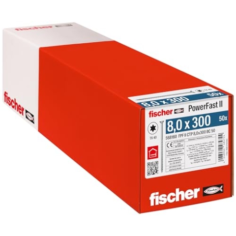 fischer PowerFast II CTP 8,0 x 300, kraftvolle Holzbauschraube mit Senkkopf, Innenstern-Aufnahme und Teilgewinde, für den konstruktiven Holzbau, 50 Stk.