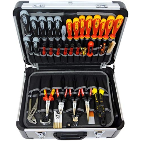 Famex 700-L Alu Werkzeugkoffer mit 2 Paletten mit 56 Einstecktaschen - max. Traglast 30 kg - Facheinteilung im Kofferboden - leer, ohne Werkzeug - 460 x 355 x 180 mm