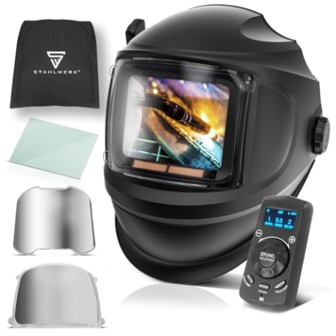 STAHLWERK Automatik-Schweißhelm 3 in 1 MASTER - Schweißerhelm mit True-Colour, autom. Abdunkelung DIN 4-14, optische Klasse 1/1/1/1, Jobspeicher, Klapp-Visier, Bluetooth, Sichtfeld 116 x 81 mm