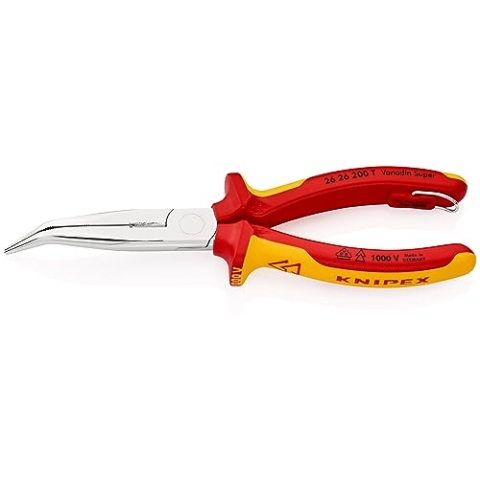 KNIPEX Flachrundzange mit Schneide (Storchschnabelzange) isoliert mit Mehrkomponenten-Hüllen, mit integrierter isolierter Befestigungsöse zum Anbringen einer Absturzsicherung 200 mm 26 26 200 T