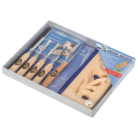 "KIRSCHEN" Werkzeuge 3436000 | Einsteiger-Kerbschnitzsatz „Margerite“, 7-teilig inkl. DVD-Anleitung & Rohling