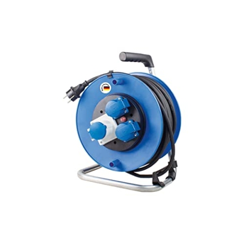 as - Schwabe Camping Kabeltrommel 25 m - mit Schutzkontaktstecker - 2 Schutzkontakt- & 1 CEE-Steckdose 230V/16A/3-polig - Outdoor Kabeltrommel - Spritzwasserschutz IP44 - Blau, 10173