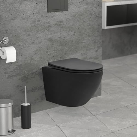 ECD Germany Hänge-WC kurz, spülrandlos mit Nano-Versiegelung, schwarz matt, Wand-WC mit WC-Sitz abnehmbar aus Duroplast Softclose Absenkautomatik, Tiefspüler Toilette aus Sanitärkeramik, Tiefspül-WC