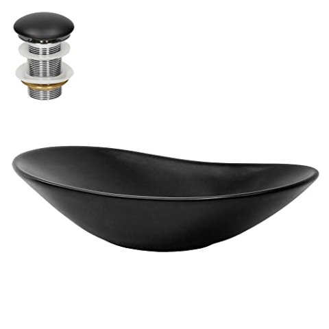 ML-Design Waschbecken aus Keramik in Schwarz matt 63 x 36 x 15,5 cm mit Ablaufgarnitur, Ovale Aufsatzwaschbecken, Moderne Waschtisch Waschschale Waschplatz Handwaschbecken, für Badezimmer/Gäste-WC