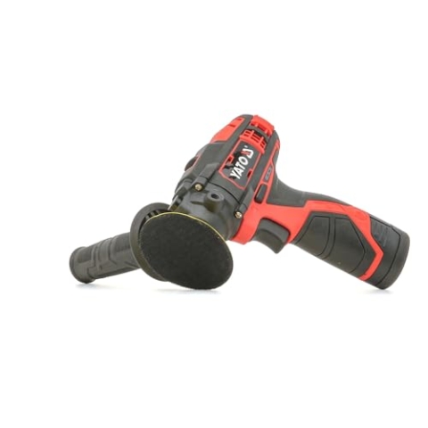 YATO Profi 12V Mini Akku Polier-Maschine mit Zusatzgriff, ø80mm Polierteller, mit 2.0 Ah Akku und Ladegerät, 8300 U/min, 2 Gänge, incl. 3 Polieraufsätze, Polierer
