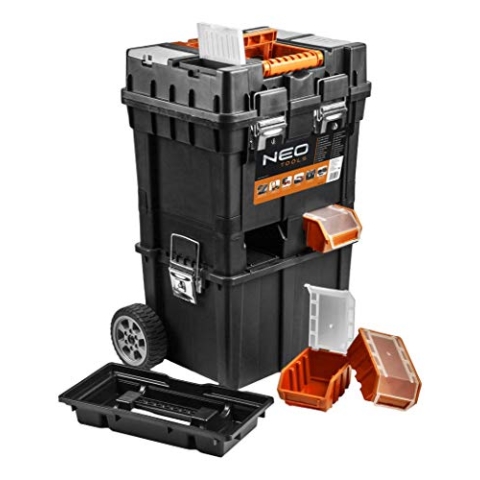 NEO TOOLS Werkzeugkoffer auf Rädern, mobile Werkstatt 40x40x70,5 cm, vier Organizer, vier Ergoboxen mit Schloss, Metallschlösser, Seitengriffe, rutschfeste Ecken