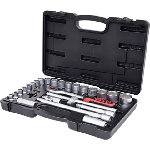 KS Tools 917.0728 1/2 CLASSIC Steckschlüssel-Satz, 28-teilig, Sechskant, FlankTraction-Profil, matt satiniert, Chrom Vanadium, Stecknuss, Sechskant-Stecknuss, Verlängerung, Innensechskant-Winkelstiftschlüssel, etc. in Kunststoffkoffer 4042146496