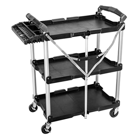 NEO TOOLS Klappbarer Wagen, Tragfähigkeit 75 kg, Werkzeugorganisation, 3 Etagen, vier bewegliche Räder, zwei Räder mit Bremse, klappbare Struktur, Aluminiumrahmen, abschließbar, Zweikomponentengriffe