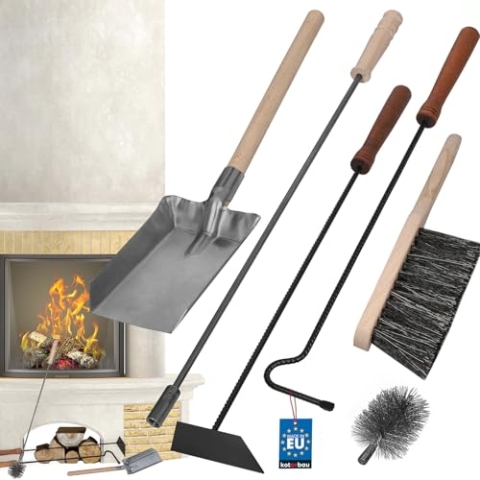 KOTARBAU® Kaminbesteck 5er Set mit Schürhaken Besen Schaufel Kaminbesen Besenstab mit Holzgriff Kamingarnitur Ofenbesteck Kaminzubehör Pulverbeschichtetes Metall Braun und Schwarz