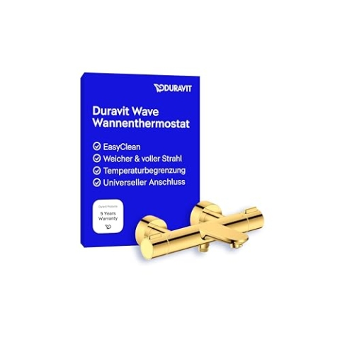 Duravit Wave Wannenarmatur Aufputz für 2 Verbraucher mit Umstellventil, Wannenthermostat mit Keramikmischsystem, Gold Poliert