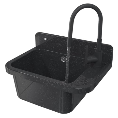 Granitan Ausgussbecken für Garage Keller Werkstatt und Waschküche - Universal Waschtrog mit Siphon - Waschbecken Wandmontage - 50x34x31 cm (Schwarz + Waschtischarmatur FLEX)