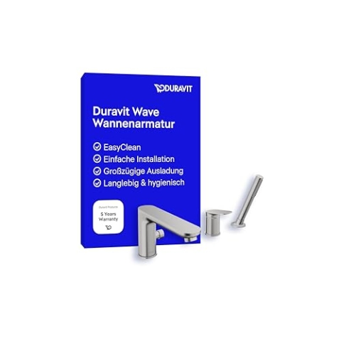 Duravit Wave 3-Loch Wannenarmatur, Einhebel-Wannenmischer mit Keramikmischsystem, Badewannenarmatur, Edelstahl Gebürstet
