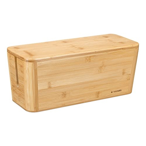 Navaris Bambus Kabelbox mit Deckel - Organizer für Kabel 39x16x16cm - Kabeldose Ordnung - Box Kabelaufbewahrung Schreibtisch PC TV - XL Kabelsammler - braun