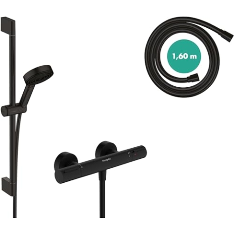 hansgrohe Pulsify Select S - wassersparendes Duschset mit Thermostat Ecostat Element, Duschthermostat mit Duschkopf 8,2 l/min (EcoSmart), Duschstange 65cm, Schlauch, Halterung, Mattschwarz, 24272670