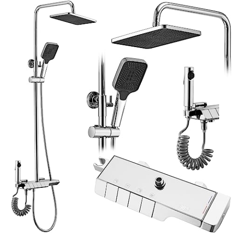 Rea Duschsystem mit Thermostat ROB Chrome Duschset Duscharmatur mit Duschkopf und Kopfbrause aus Messing Duschgarnitur für Badezimmer (Chrom)