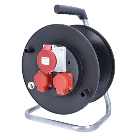 as - Schwabe CEE Kunststoffkabeltrommel Leertrommel Ø285 mm für ca. 25 m Kabel, 2 Einbausteckdosen mit Klappdeckel 230V/16A, 1 CEE Steckdose 400V/16A, Thermoschutzschalter, IP44, Schwarz, 10150