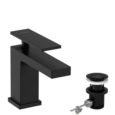 hansgrohe Tecturis E - Waschtischarmatur mit Zugstangen-Ablauf, energiesparend (CoolStart), Wasserhahn Bad mit Auslauf Höhe 90 mm, Mischbatterie wassersparend (EcoSmart+), Mattschwarz, 73002670