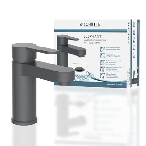 SCHÜTTE ELEPHANT Waschtischarmatur, elegante Mischbatterie inkl. Ablaufventil fürs Badezimmer, Wasserhahn Bad mit Pop-Up-Exzenter, Badarmatur Waschbecken Anthrazit matt, 34214