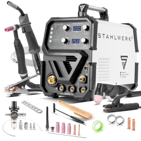 STAHLWERK Schweißgerät 4 in 1 Kombi CTM-250 ST - kompakt, WIG MIG, MAG MMA/E-Hand, CUT/Plasma, 200 A Schweißen & 50 A Plasmaschneiden, IGBT, Schneidleistung bis 14 mm, viele Parameter einstellbar
