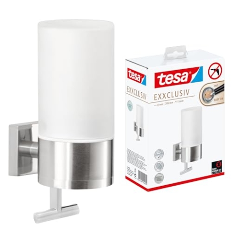 tesa EXXCLUSIV Seifenspender-Set, Milchglas und verchromtes Metall - Flüssigseifenspender zur Wandbefestigung ohne Bohren, inkl. Klebelösung - 73mm x 192mm x 115mm