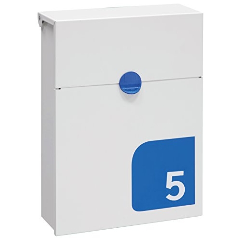 ARREGUI Tondo S E6721-BLU Briefkasten aus verzinktem Stahl, mit ihrer Hausnummer personalisierbarer Wandbriefkasten, Größe S (DIN A5 Post), mit verborgenem Schloss und Schutzklappe, weiß mit blau