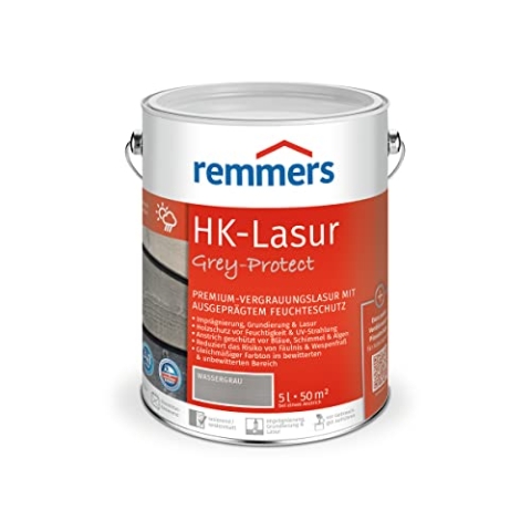 Remmers HK-Lasur Grey-Protect wassergrau, 5 Liter, Holzlasur für Vergrauung außen, 3 Holzschutz Produkte in einem, Feuchtigkeit- und UV-Schutz