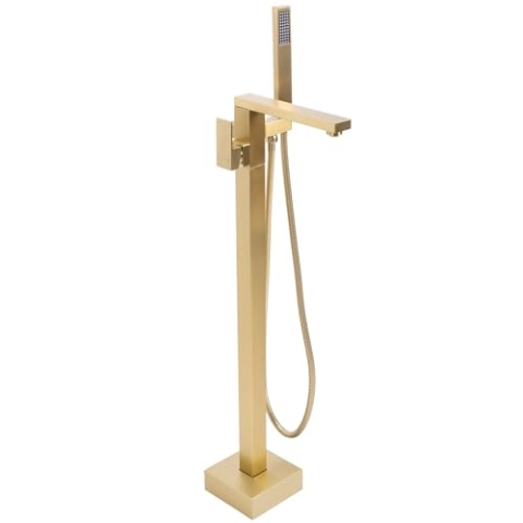 Rea TERY BRUSH GOLD Freistehender Badewannenarmatur, Wasserhahn Badewanne Einhebel Wannenarmatur mit Handbrause Badarmatur aus Messing Mischbatterie (Gold)