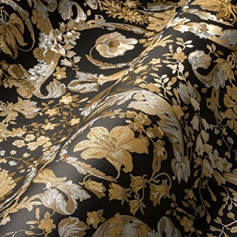 VERSACE WALLPAPER Blumen Tapete Floral 387065 Gold Schwarz Silber Designer Ranken Barock 10,05x0,70m Made in Germany