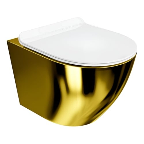 LAVITA Wand-WC Sofi Slim Gold/White Hänge Toilette WC Sitz Toilettendeckel mit Absenkautomatik & Metallscharniere Toiletten Spülrandlos Hängend Toilettenbecken 365x490x395 mm Weiß/Gold