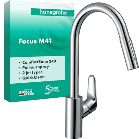 hansgrohe Focus M41 - Küchenarmatur mit Brause ausziehbar, 2 Strahlarten, Wasserhahn Küche mit Auslaufhöhe 240 mm, Mischbatterie Küche 150° schwenkbar, Chrom, 31815000