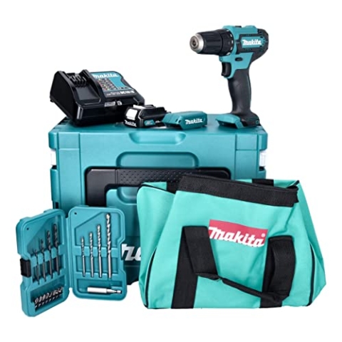 Makita DF 333 DSAX6 Akku Bohrschrauber 12 V 30 Nm + 1x Akku 2,0 Ah + Ladegerät + 17 tlg. Zubehörset + Kühlbox