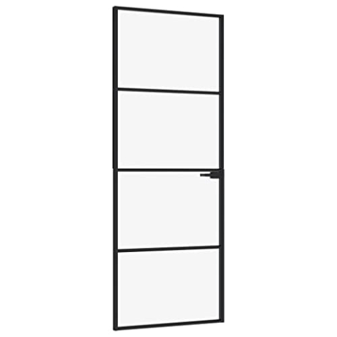 vidaXL Innentür, Zimmertür Komplettset 76x201,5cm, Glastür mit Griff Eisenschloss, Drehtür Tür aus Glas, Modern, Schwarz Hartglas Aluminium Schlank