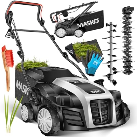 MASKO® Elektro 2in1 Vertikutierer Rasenlüfter 1800W 40cm Arbeitsbreite 55L Fangkorb mit Lüfterwalze Lüfter Moosentferner, Bürste & Handschuhe 5-stufige Arbeitstiefe einstellbar höhenverstellbarer Holm