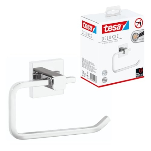 tesa DELUXXE Toilettenpapierhalter ohne Deckel, verchromt - zur Wandbefestigung ohne Bohren, inkl. Klebelösung - 160mm x 99mm x 45mm