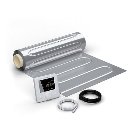 WARMON elektrische Fußbodenheizung für Laminat: Zweiader-Heizmatte mit Aluminiumfolie AluPro-150 (150 W/m²) mit Smart Thermostat R7C-716 WIFI Farb-LCD weiß - 4,5 m²