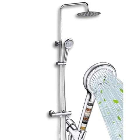 Vitasense Duschkopf mit Schlauch und Halterung - mit Filter, Drei Wasserstände, Wassersparend, Duschhalterung für Duschkopf, Regendusche, Neutralisiert unerwünschte Stoffe, Duschkopffilter