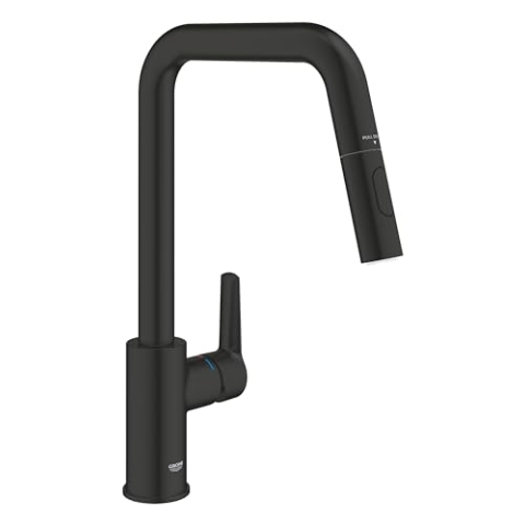 GROHE Start, Küchenarmatur 2 Strahlarten (Wasserhahn Küche, ausziehbare Brause, 360° schwenkbar, wassersparend dank variabler Mengenbegrenzung, werkzeugfreie Spülbecken-Montage), schwarz, 306312430