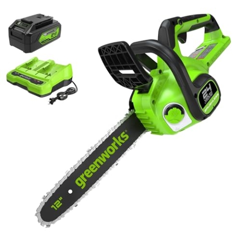 Greenworks GD24CS30K4 Akku Kettensäge mit 24V 4Ah Akku und Ladegerät, bürstenlosem Motor, 30 cm Blattlänge, 7,8 m/s Kettengeschwindigkeit, automatisches Öl-System, Rückschlagschutz, 3 Jahre Garantie