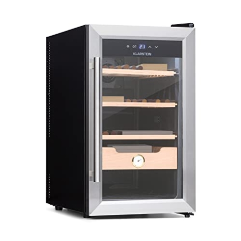 Klarstein El Presidente Zigarren Humidor - thermoelektrischer Humidor Schrank mit Glastür, Humidor Befeuchter mit Einschüben aus Zedernholz, Hygrometer, LED-Innenbeleuchtung, 48 Liter, silber