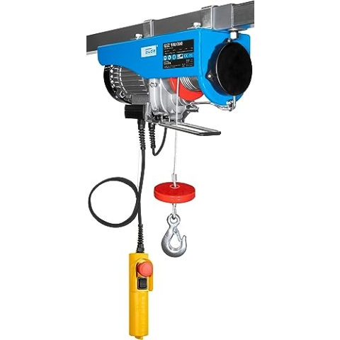 Güde Elektro-Seilzug GSZ 100/200 (450 W, GS-geprüft, max. Hubkraft ohne/mit Umlenkrolle 100/200 kg, inkl. 12 m Seil, Bedienelement mit Notausschalter, Sicherheitshaken, einfache Montage ohne Bohren)