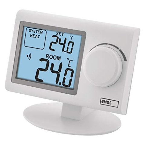 EMOS - digitaler Raumthermostat mit LCD-Display - Sender + Empfänger Set - manuell, drahtlos - Heiz- und Kühlsysteme - Regelung 5-35 °C - 100m Reichweite - Tisch-/Wandhalterung - Batterie inkl - weiß