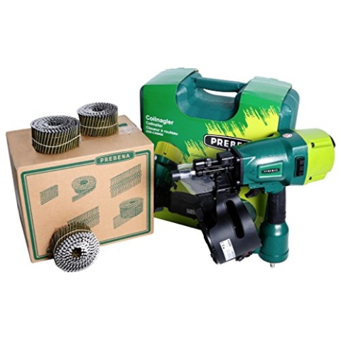 Prebena 8XR-CNW90 Coilnagler Druckluftnagler im Transportkoffer + Prebena CNW25 / 65BKRI Coilnägel Ringschaft 7200 Stück