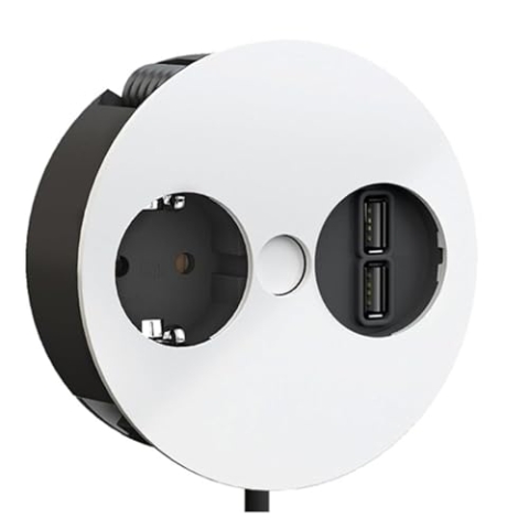 BACHMANN Einbausteckdose Twist 1x Steckdose mit 2X USB A 2m Kabel Tischsteckdose für Küche und Büro Weiß 931.231 (Nur 40mm Einbautiefe und integrierter Wasserablauf)