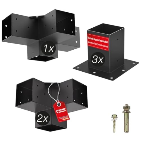 SOTECH Anbau SET 6-tlg (2x Eckverbinder + 1x Mittelverbinder + 3x Bodenhülse) vierkant 90 x 90 mm Stahl verzinkt und schwarz pulverbeschichtet für höchsten Korrosionsschutz