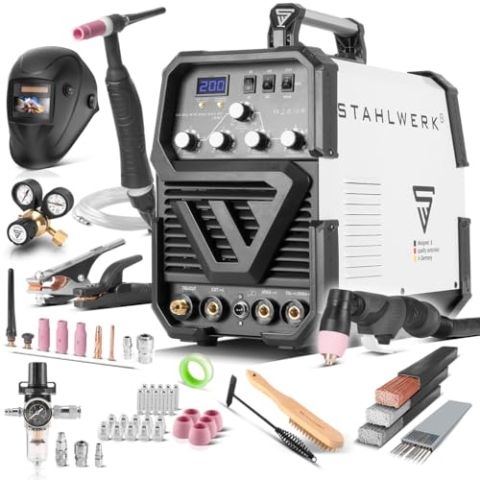 STAHLWERK Schweißgerät 3 in 1 Kombi Vollausstattung AC/DC WIG 200 Plasma ST IGBT - WIG & MMA bis 200 A, Plasmaschneiden bis 50 A, Edelstahl, Kupfer, Aluminium, Titan, 7 Jahre Herstellergarantie