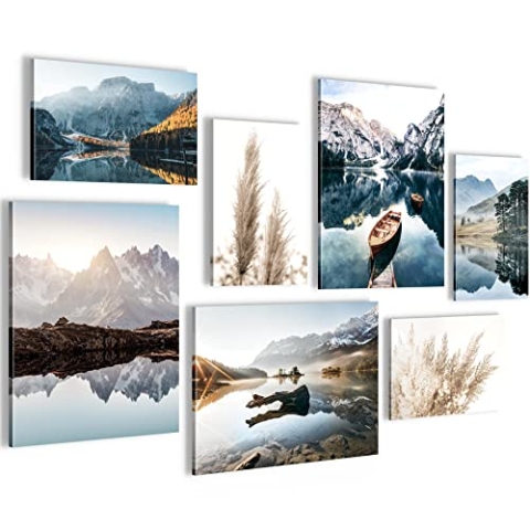 Novart Wandbilder See Berge blau - KOMPLETT AUFHÄNGFERTIG - Natur Wohnzimmer Schlafzimmer - 7 Moderne Mood-Bilder - N003671a