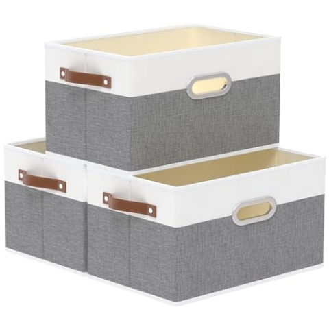 Yawinhe 3 Stück Aufbewahrungsbox aus Stoff, Faltbare Aufbewahrungskorb mit Griffen, Waschbare, für Schlafzimmer, Kleideraufbewahrung, 43x30x26cm, Weiß/Grau, SNK030WGL