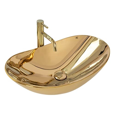 Rea Waschbecken Waschtisch Aufsatzwaschbecken Keramik Handwaschbecken Aufsatz Waschschale Oval Gold 36x60