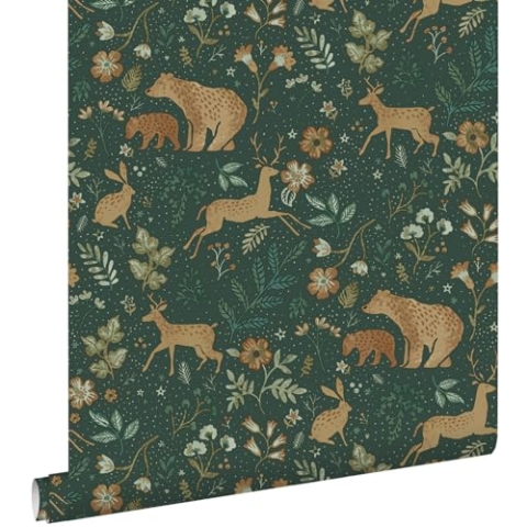 Tapete Wald mit Waldtieren Dunkelgrün und Beige 0.53 x 10.05 m - von ESTAhome