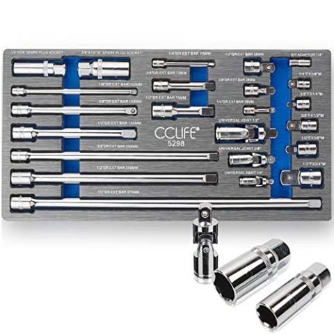 CCLIFE 23tlg Steckschlüssel Verlängerung Satz 1/4' 3/8' 1/2' Ratsche Knarre Verbindungsteile inkl. Stecknuss Adapter Kardangelenk Zündkerzen Nuss | Cr-V